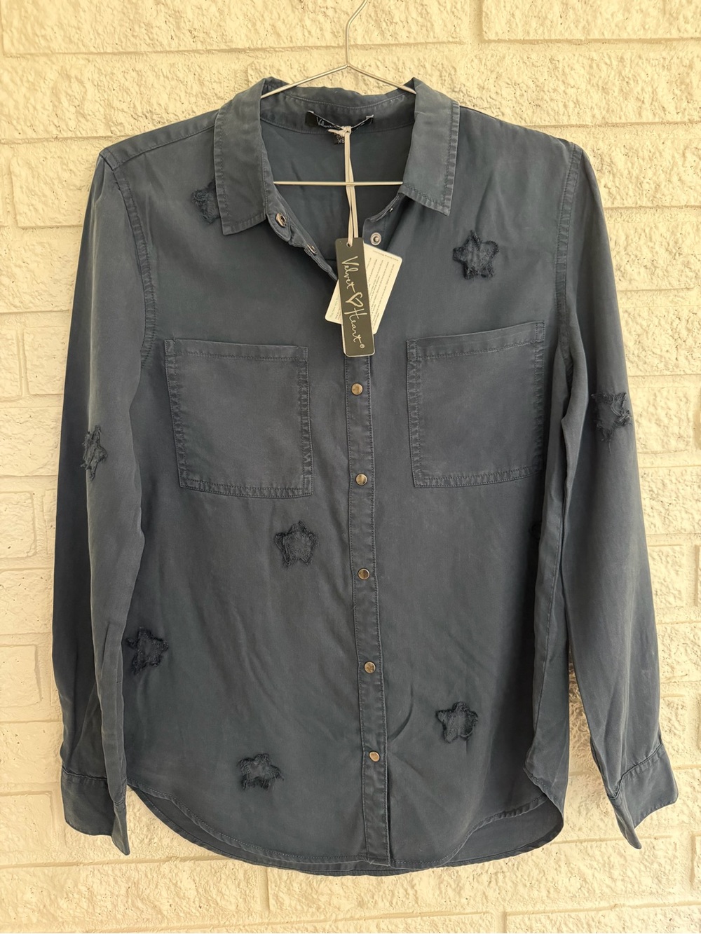 Velvet Heart Women’s Tencel Button-Down Shirt in Slate Blue with Star Appliques